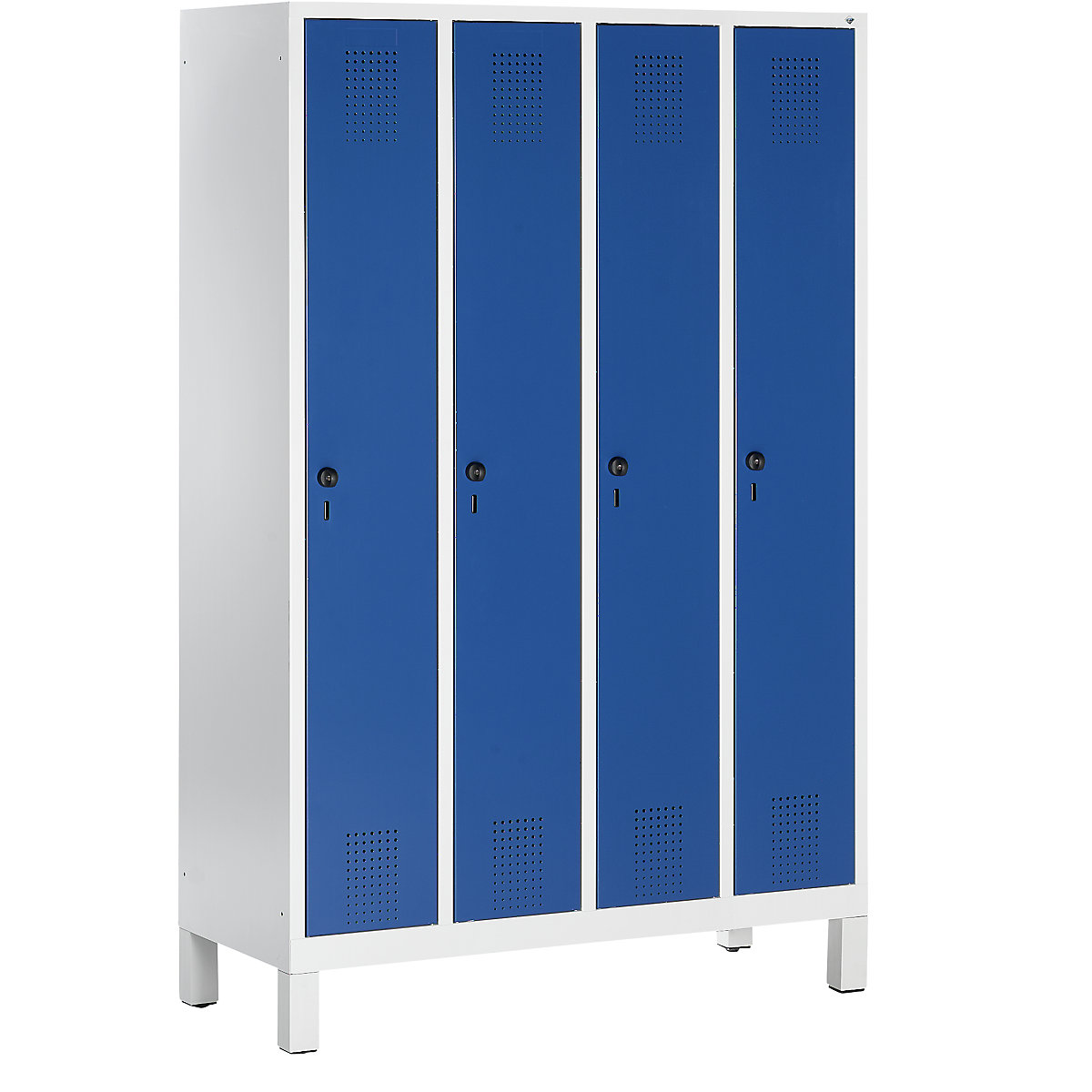 EVOLO cloakroom locker – C+P, with plastic feet, 4 compartments, compartment width 300 mm, light grey / gentian blue
