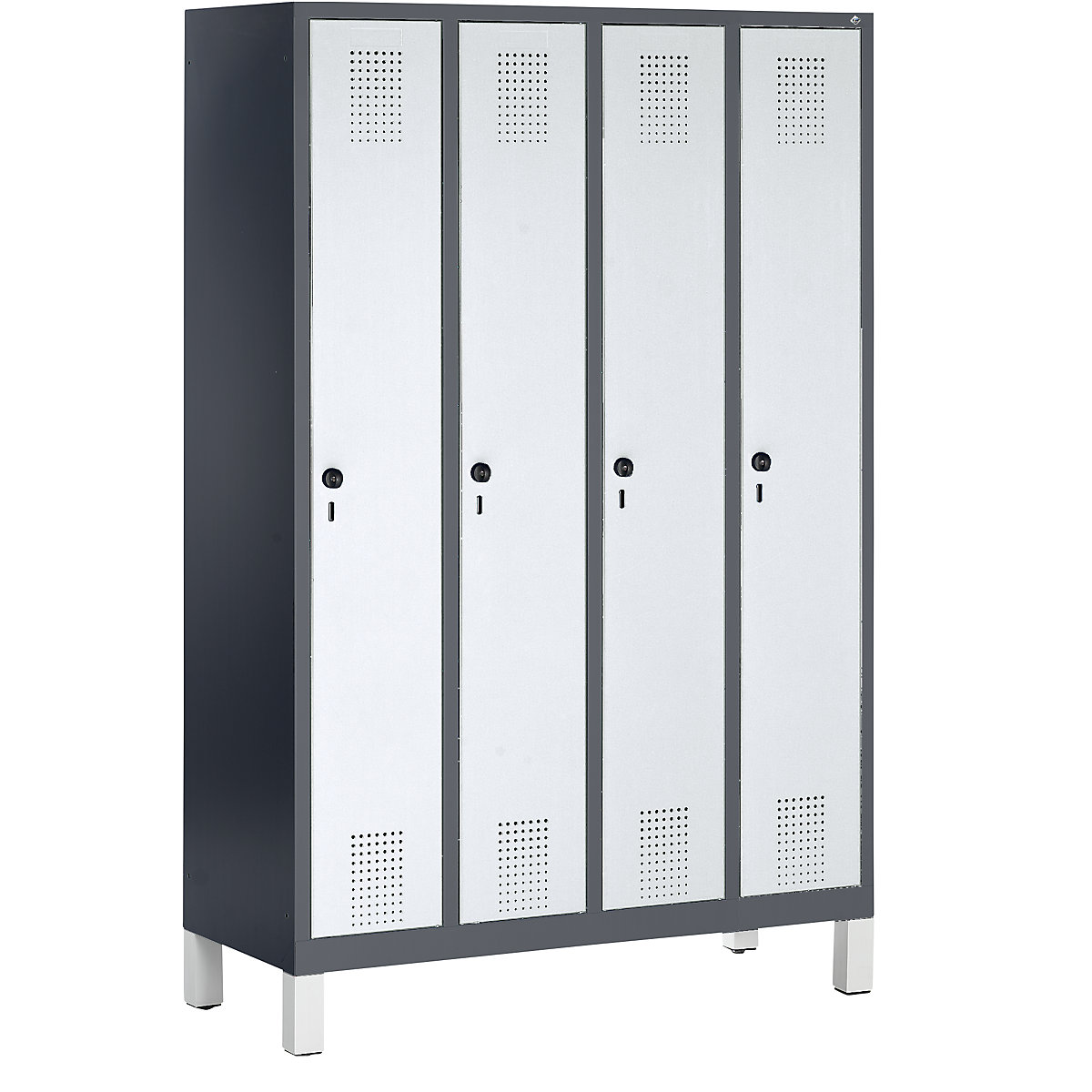 EVOLO cloakroom locker – C+P, with plastic feet, 4 compartments, compartment width 300 mm, black grey / white aluminium