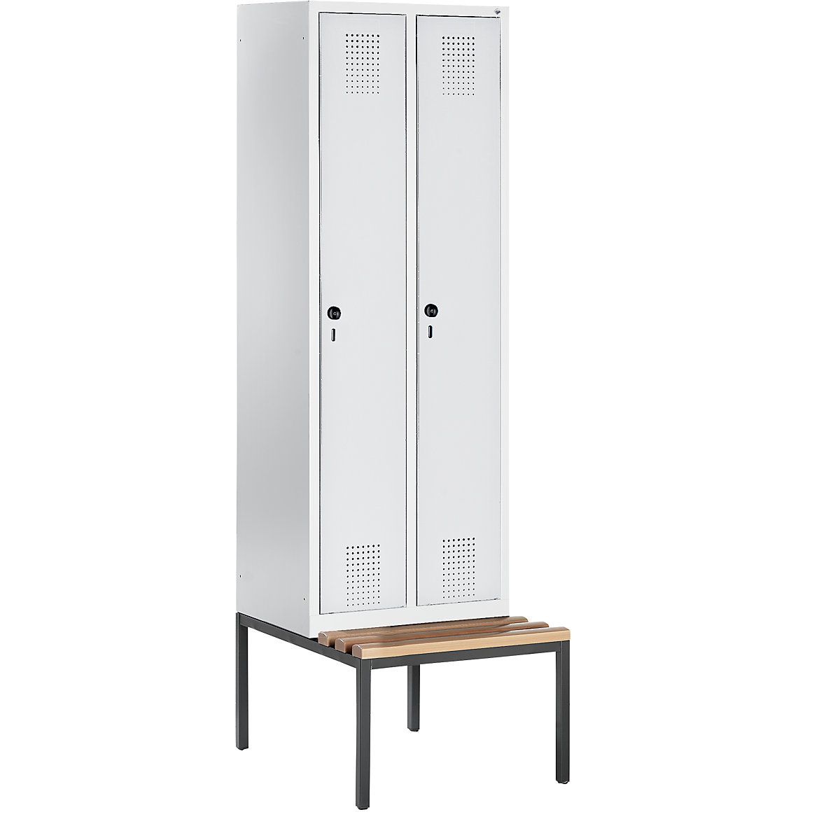 EVOLO cloakroom locker – C+P, with bench mounted underneath, 2 compartments, compartment width 300 mm, light grey-6