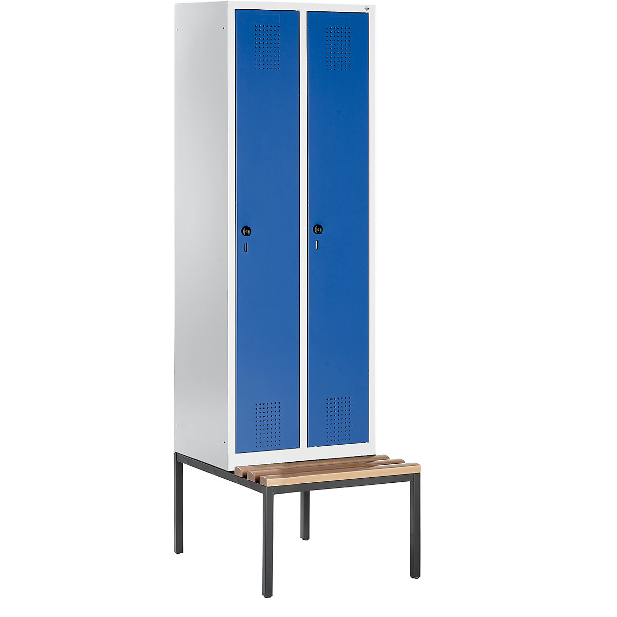 EVOLO cloakroom locker – C+P, with bench mounted underneath, 2 compartments, compartment width 300 mm, light grey / gentian blue-5