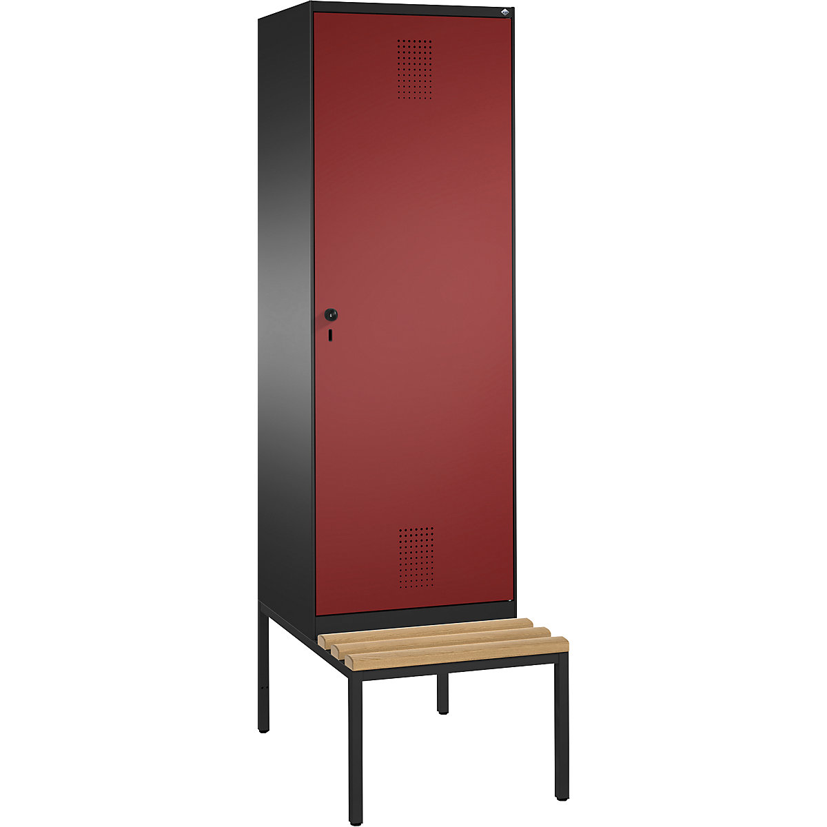 EVOLO cloakroom locker, with bench, door for 2 compartments – C+P, 2 compartments, 1 door, compartment width 300 mm, black grey / ruby red-3