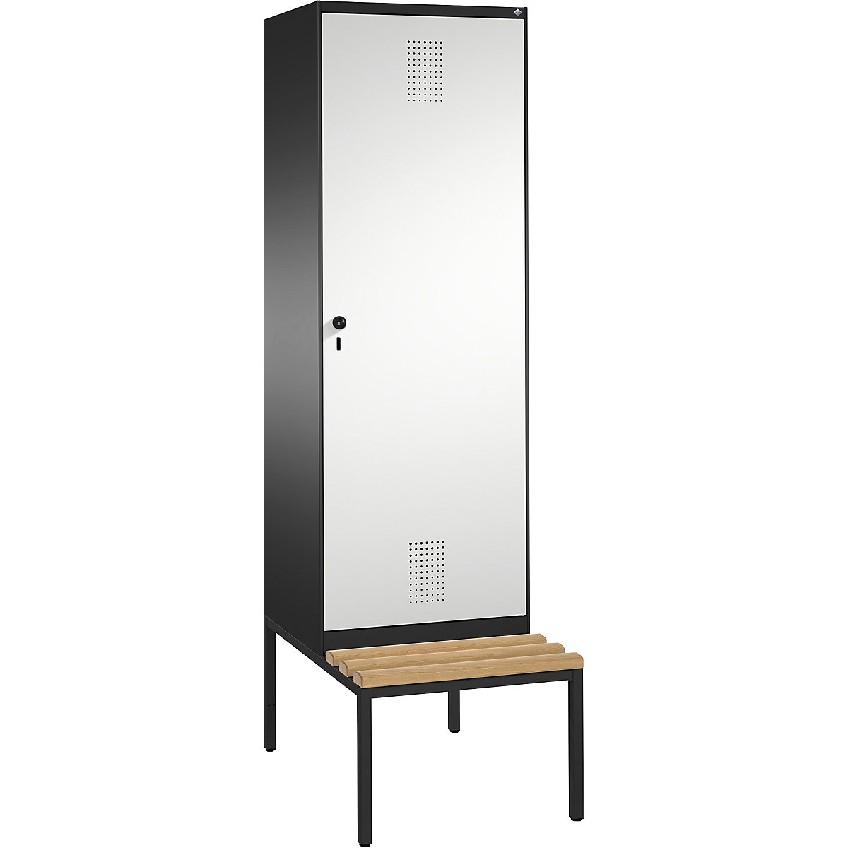 EVOLO cloakroom locker, with bench, door for 2 compartments – C+P, 2 compartments, 1 door, compartment width 300 mm, black grey / light grey-11