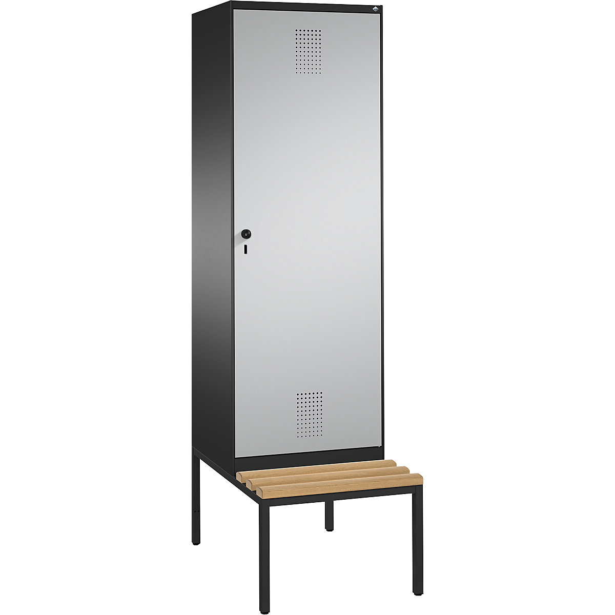 EVOLO cloakroom locker, with bench, door for 2 compartments – C+P, 2 compartments, 1 door, compartment width 300 mm, black grey / white aluminium-16