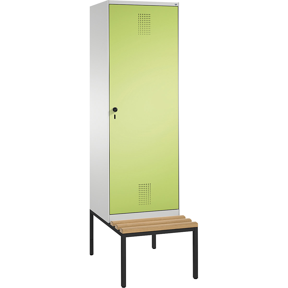 EVOLO cloakroom locker, with bench, door for 2 compartments – C+P, 2 compartments, 1 door, compartment width 300 mm, light grey / viridian green-10