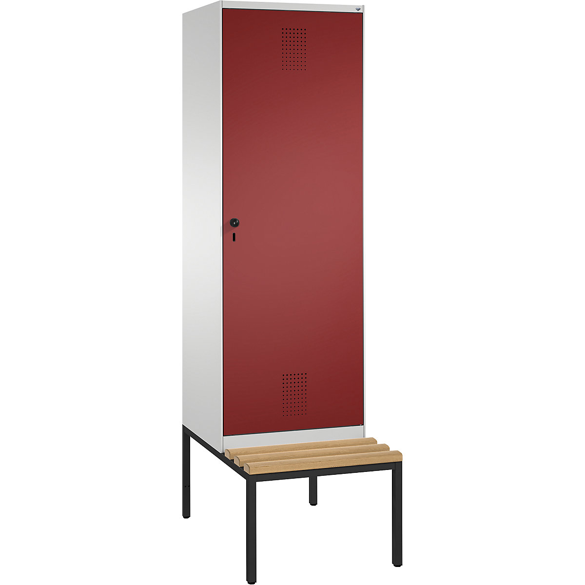 EVOLO cloakroom locker, with bench, door for 2 compartments – C+P, 2 compartments, 1 door, compartment width 300 mm, light grey / ruby red-9