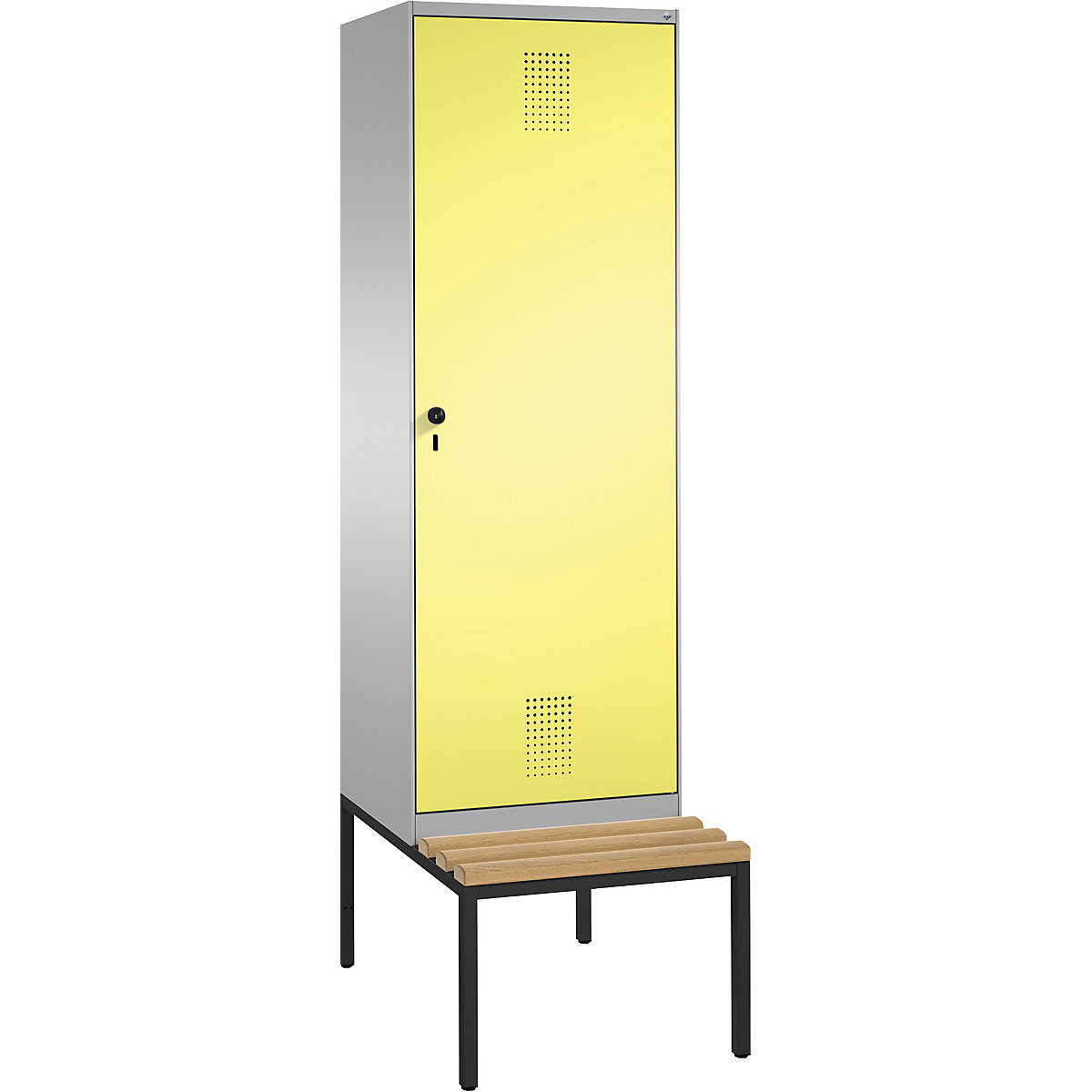 EVOLO cloakroom locker, with bench, door for 2 compartments – C+P, 2 compartments, 1 door, compartment width 300 mm, white aluminium / sulphur yellow-14