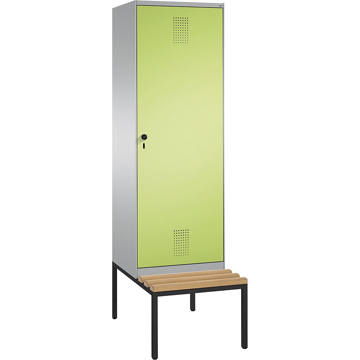 EVOLO cloakroom locker, with bench, door for 2 compartments – C+P, 2 compartments, 1 door, compartment width 300 mm, white aluminium / viridian green-2