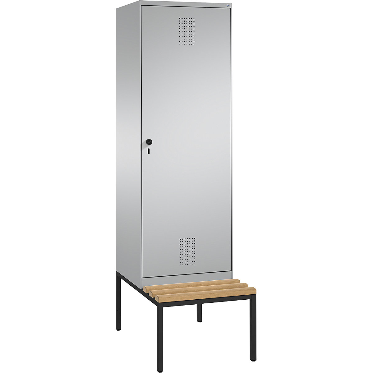 EVOLO cloakroom locker, with bench, door for 2 compartments – C+P, 2 compartments, 1 door, compartment width 300 mm, white aluminium / white aluminium-7