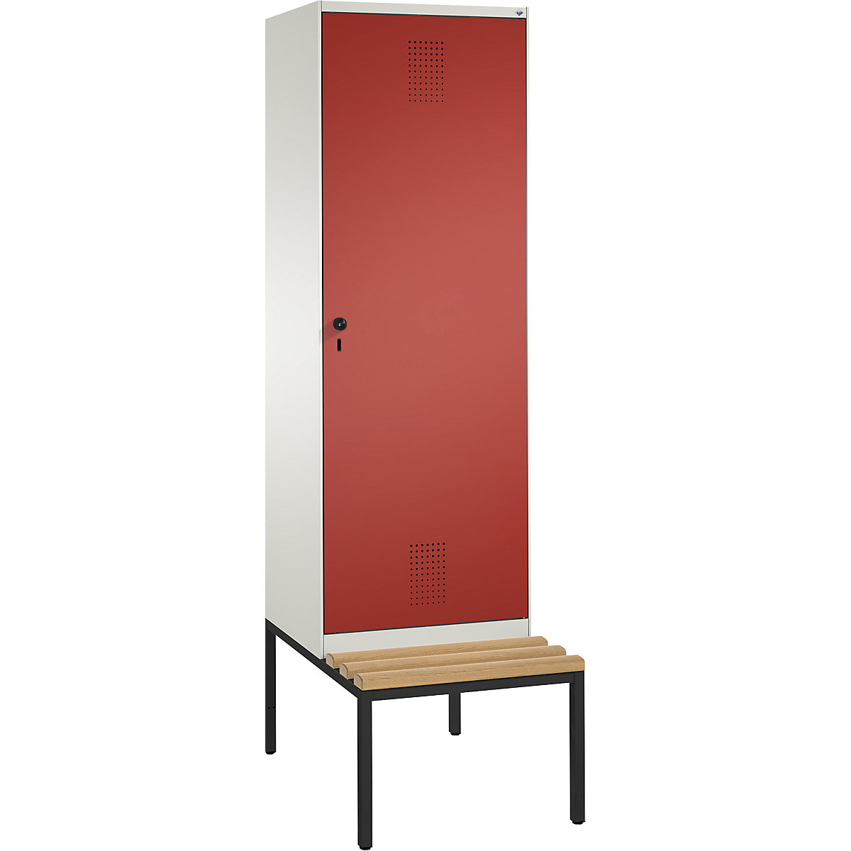 EVOLO cloakroom locker, with bench, door for 2 compartments – C+P, 2 compartments, 1 door, compartment width 300 mm, pure white / flame red-13
