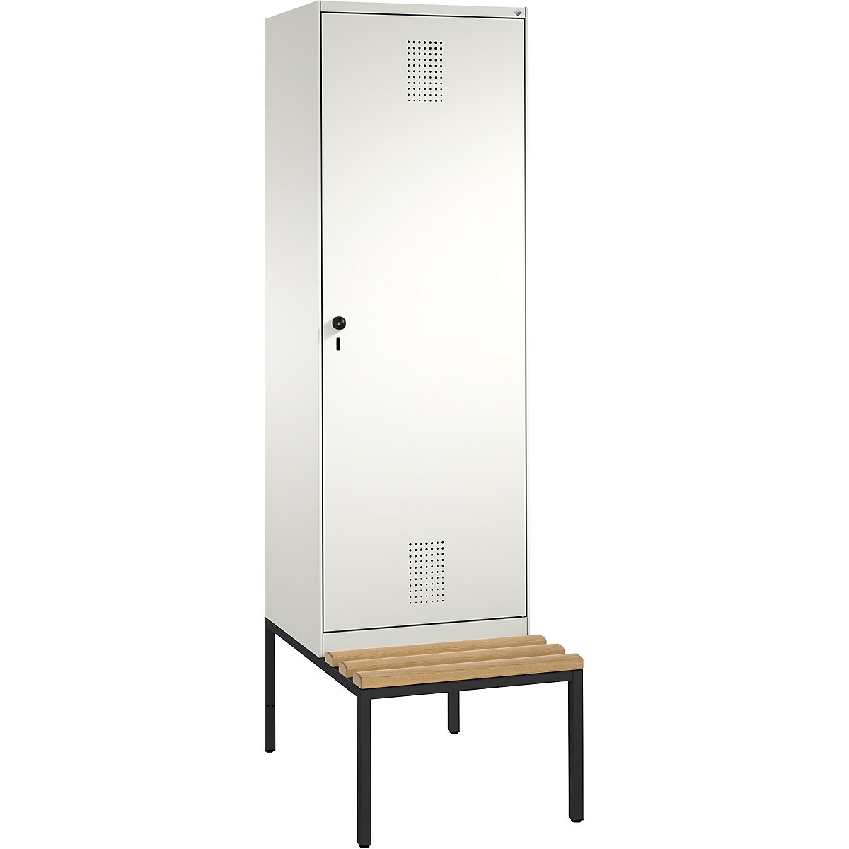 EVOLO cloakroom locker, with bench, door for 2 compartments – C+P, 2 compartments, 1 door, compartment width 300 mm, pure white / pure white-4