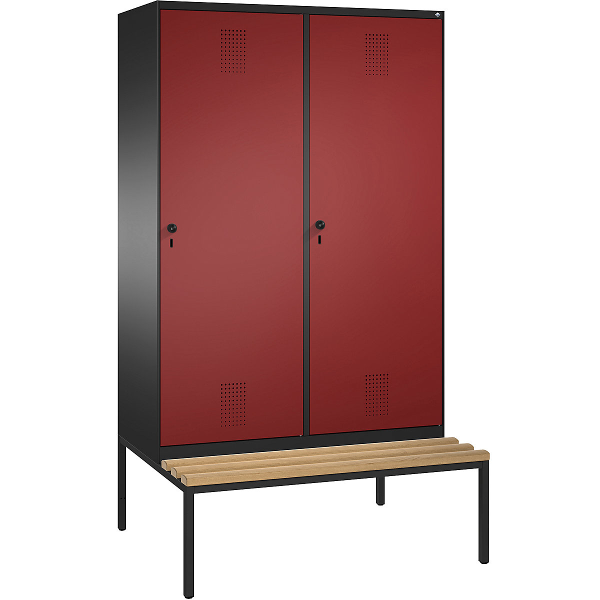 EVOLO cloakroom locker, with bench, door for 2 compartments – C+P, 4 compartments, 2 doors, compartment width 300 mm, black grey / ruby red-15