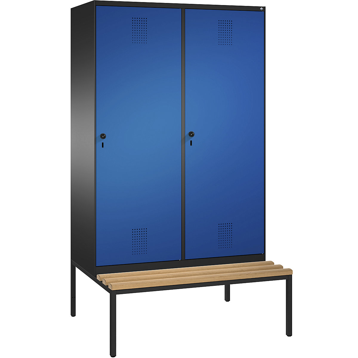 EVOLO cloakroom locker, with bench, door for 2 compartments – C+P, 4 compartments, 2 doors, compartment width 300 mm, black grey / gentian blue-2