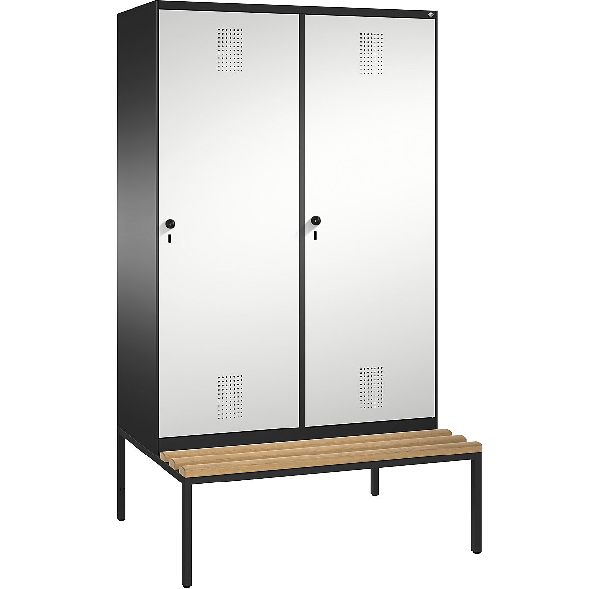 EVOLO cloakroom locker, with bench, door for 2 compartments – C+P, 4 compartments, 2 doors, compartment width 300 mm, black grey / light grey-5