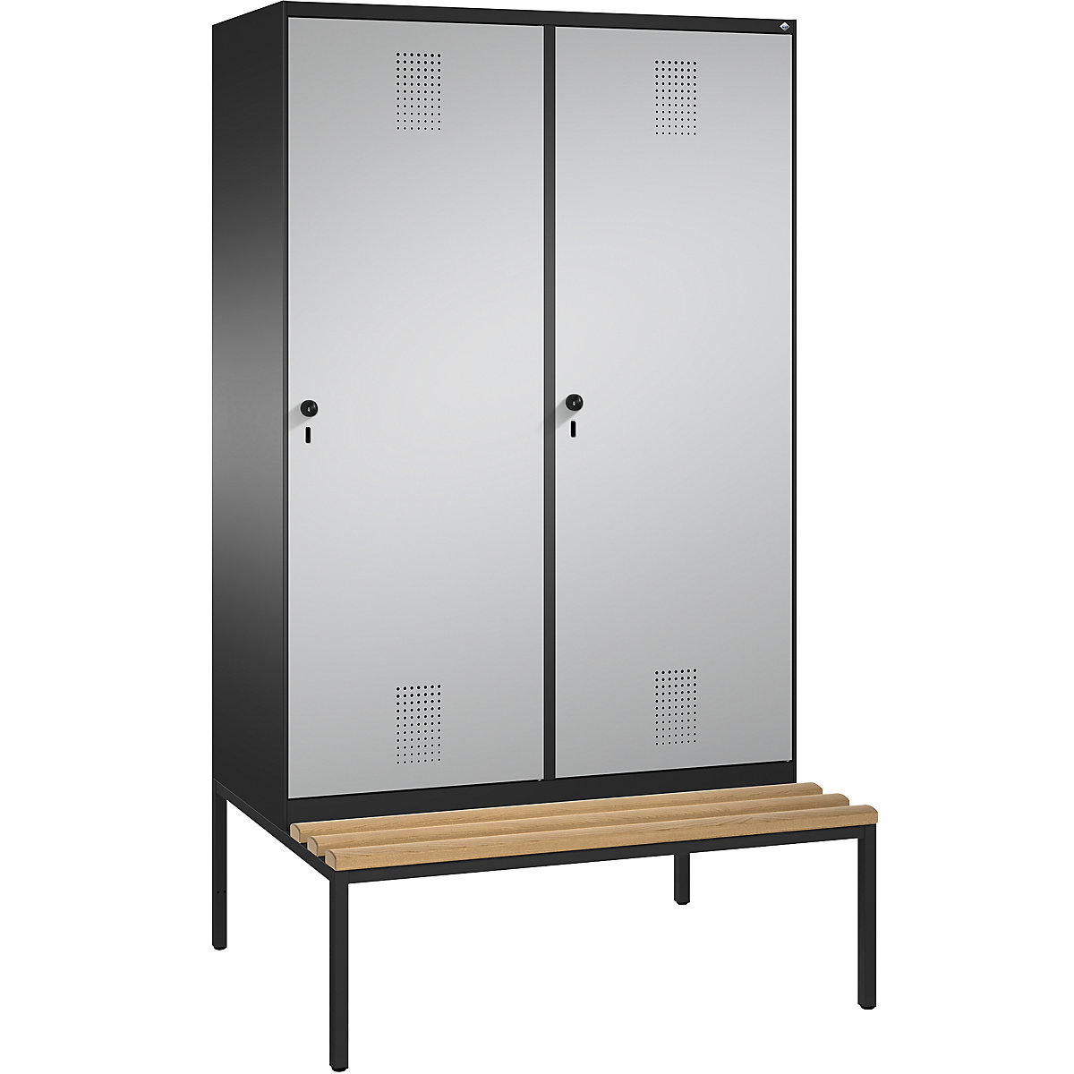 EVOLO cloakroom locker, with bench, door for 2 compartments – C+P, 4 compartments, 2 doors, compartment width 300 mm, black grey / white aluminium-7