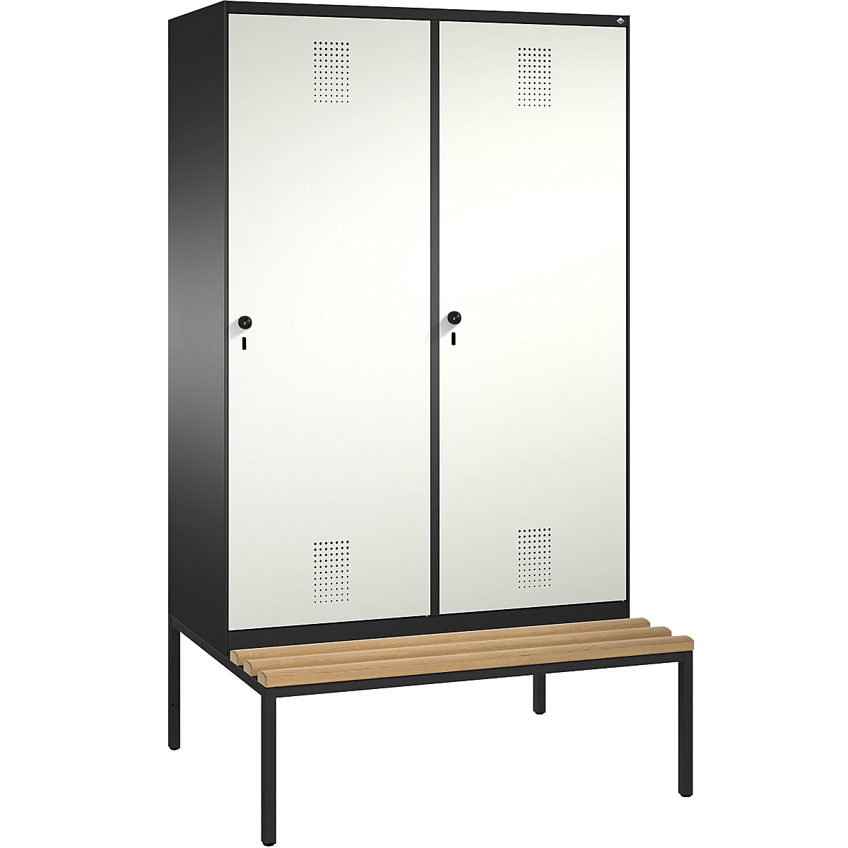 EVOLO cloakroom locker, with bench, door for 2 compartments – C+P, 4 compartments, 2 doors, compartment width 300 mm, black grey / pure white-13