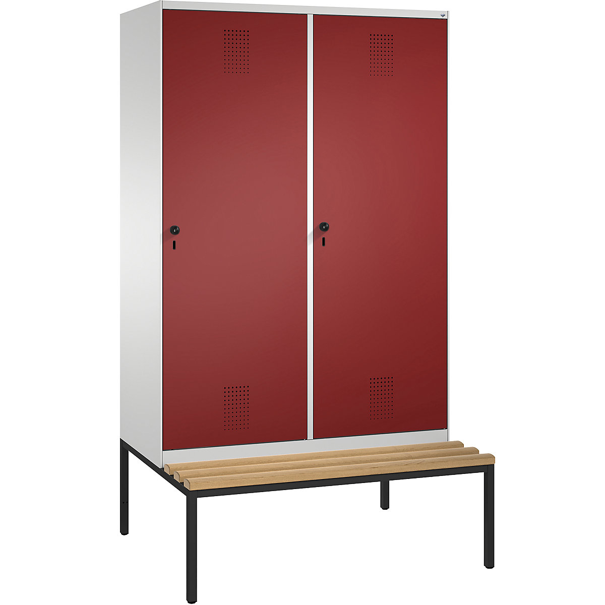 EVOLO cloakroom locker, with bench, door for 2 compartments – C+P, 4 compartments, 2 doors, compartment width 300 mm, light grey / ruby red-11