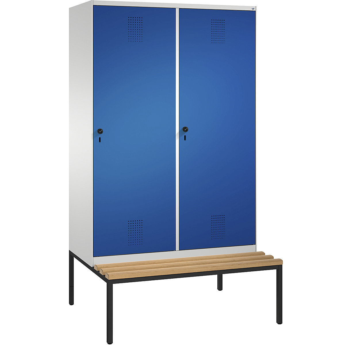 EVOLO cloakroom locker, with bench, door for 2 compartments – C+P, 4 compartments, 2 doors, compartment width 300 mm, light grey / gentian blue-14