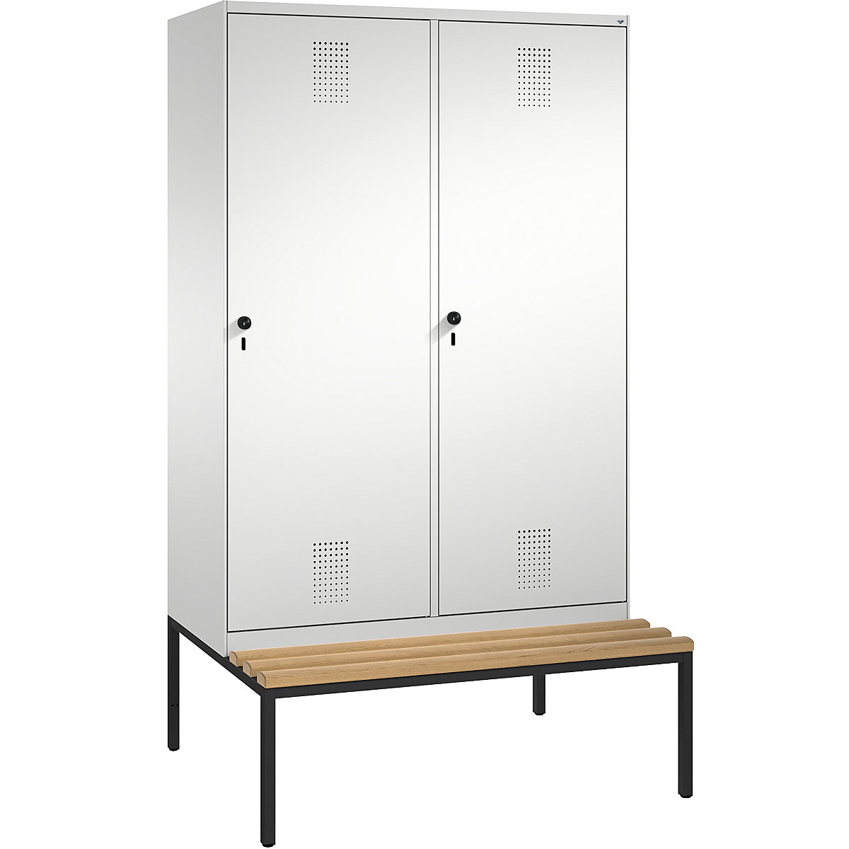 EVOLO cloakroom locker, with bench, door for 2 compartments – C+P, 4 compartments, 2 doors, compartment width 300 mm, light grey-3