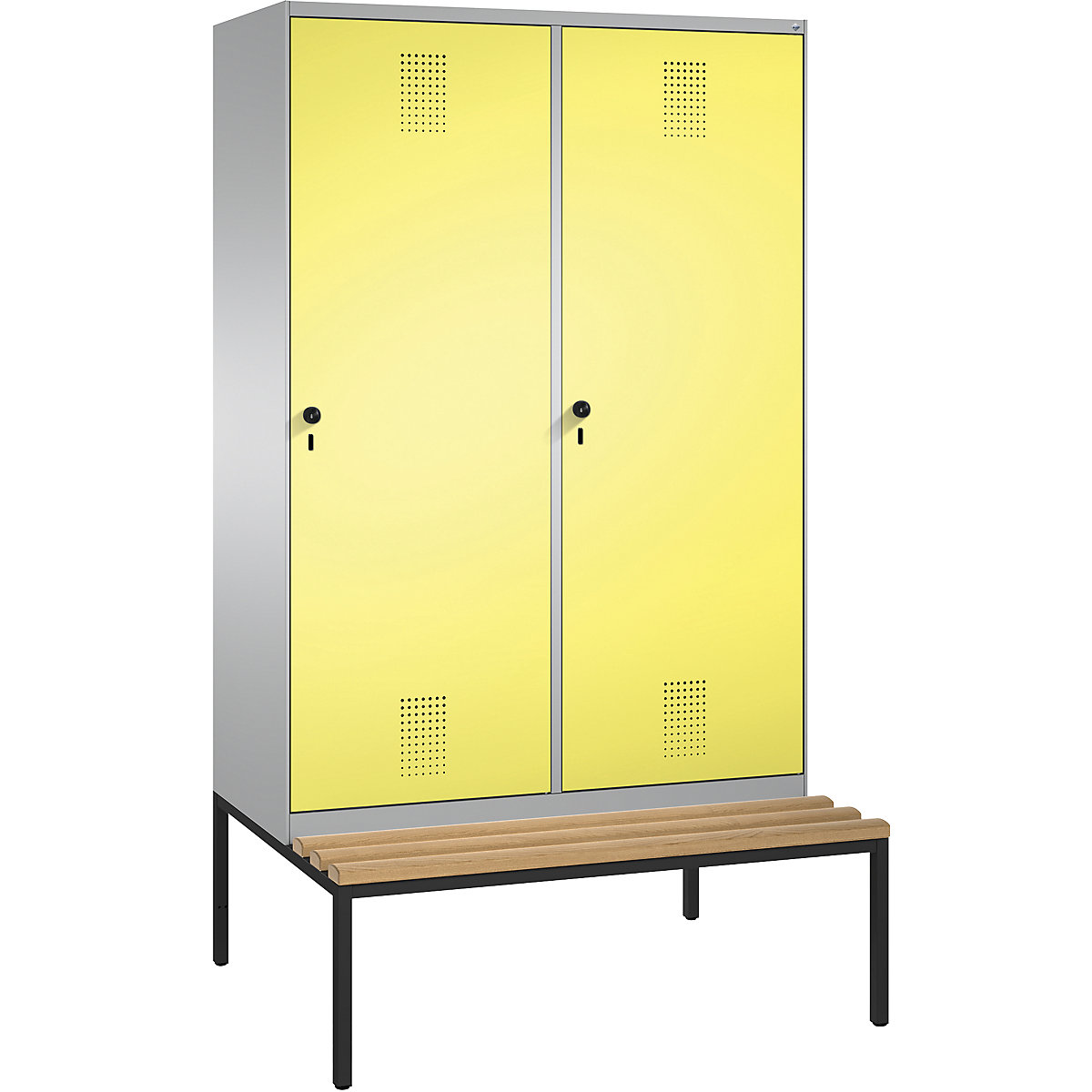 EVOLO cloakroom locker, with bench, door for 2 compartments – C+P, 4 compartments, 2 doors, compartment width 300 mm, white aluminium / sulphur yellow-4