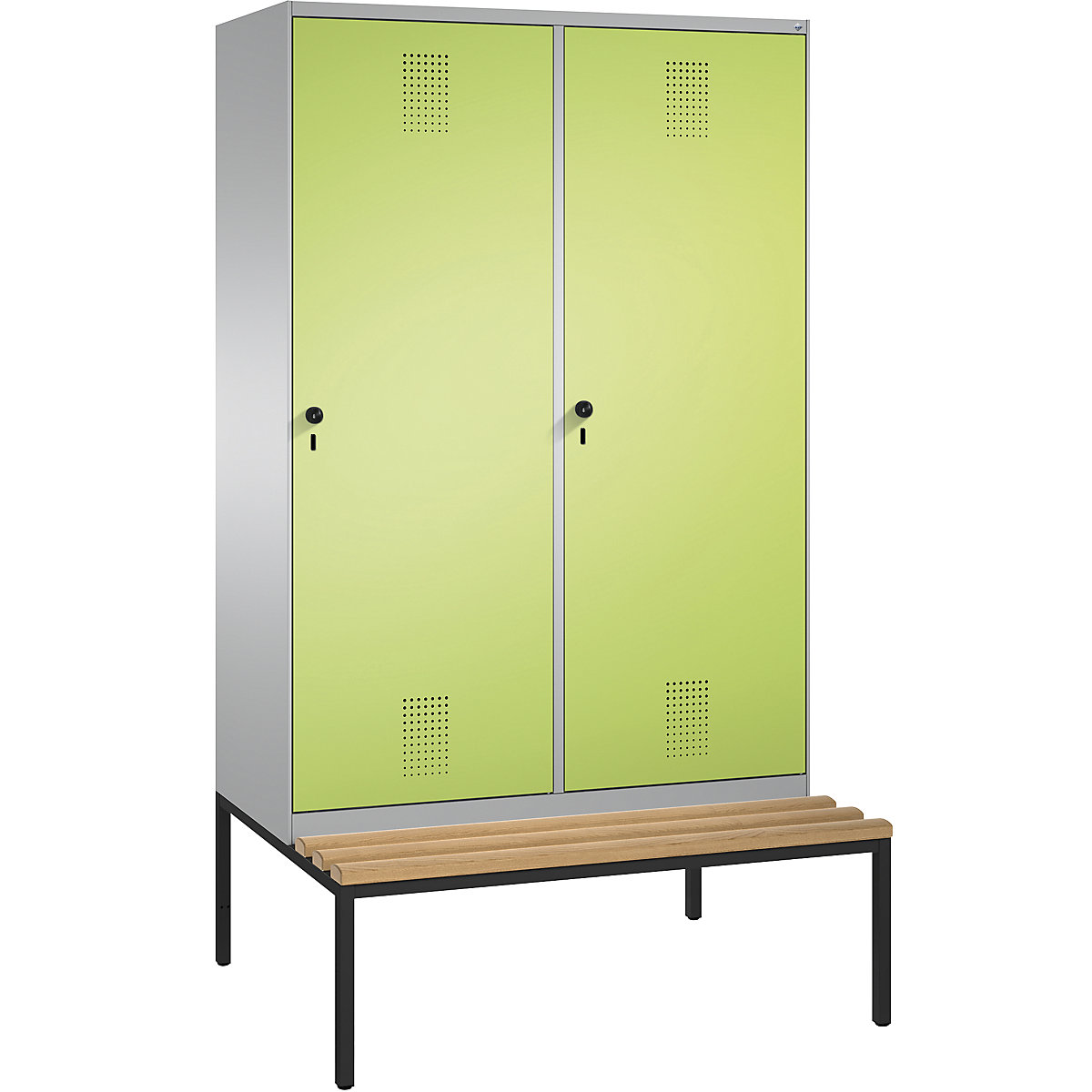 EVOLO cloakroom locker, with bench, door for 2 compartments – C+P, 4 compartments, 2 doors, compartment width 300 mm, white aluminium / viridian green-9