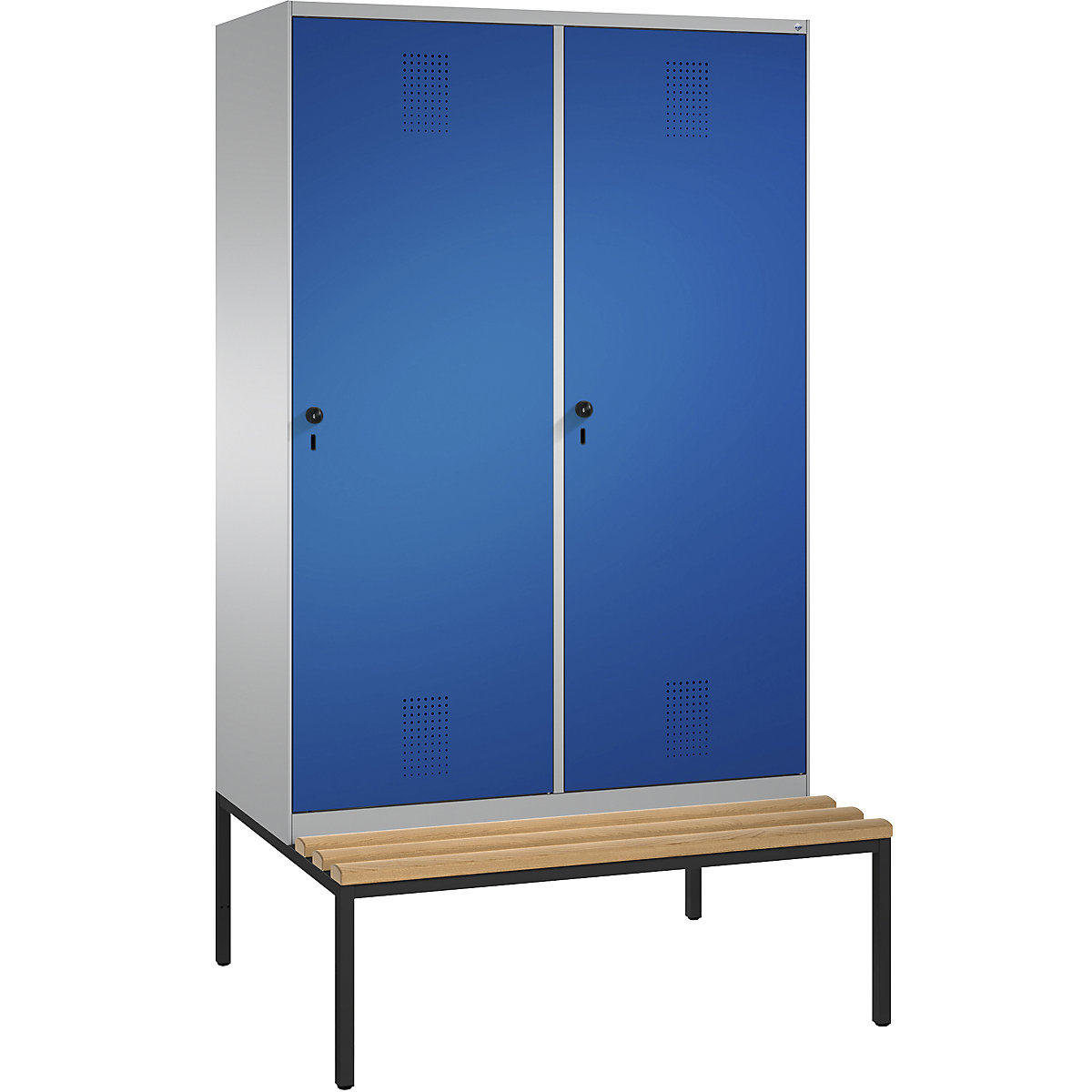 EVOLO cloakroom locker, with bench, door for 2 compartments – C+P, 4 compartments, 2 doors, compartment width 300 mm, white aluminium / gentian blue-12