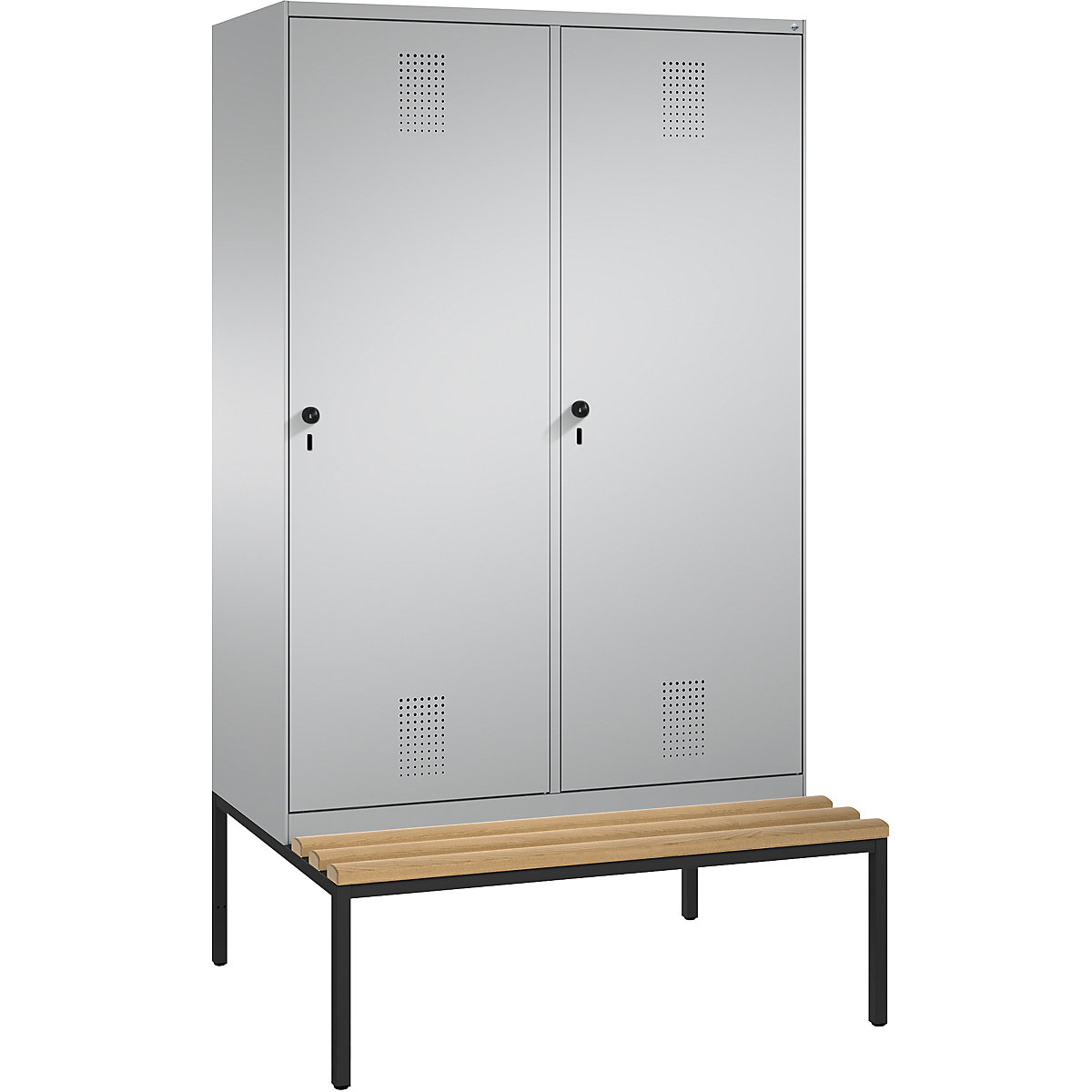 EVOLO cloakroom locker, with bench, door for 2 compartments – C+P, 4 compartments, 2 doors, compartment width 300 mm, white aluminium / white aluminium-16