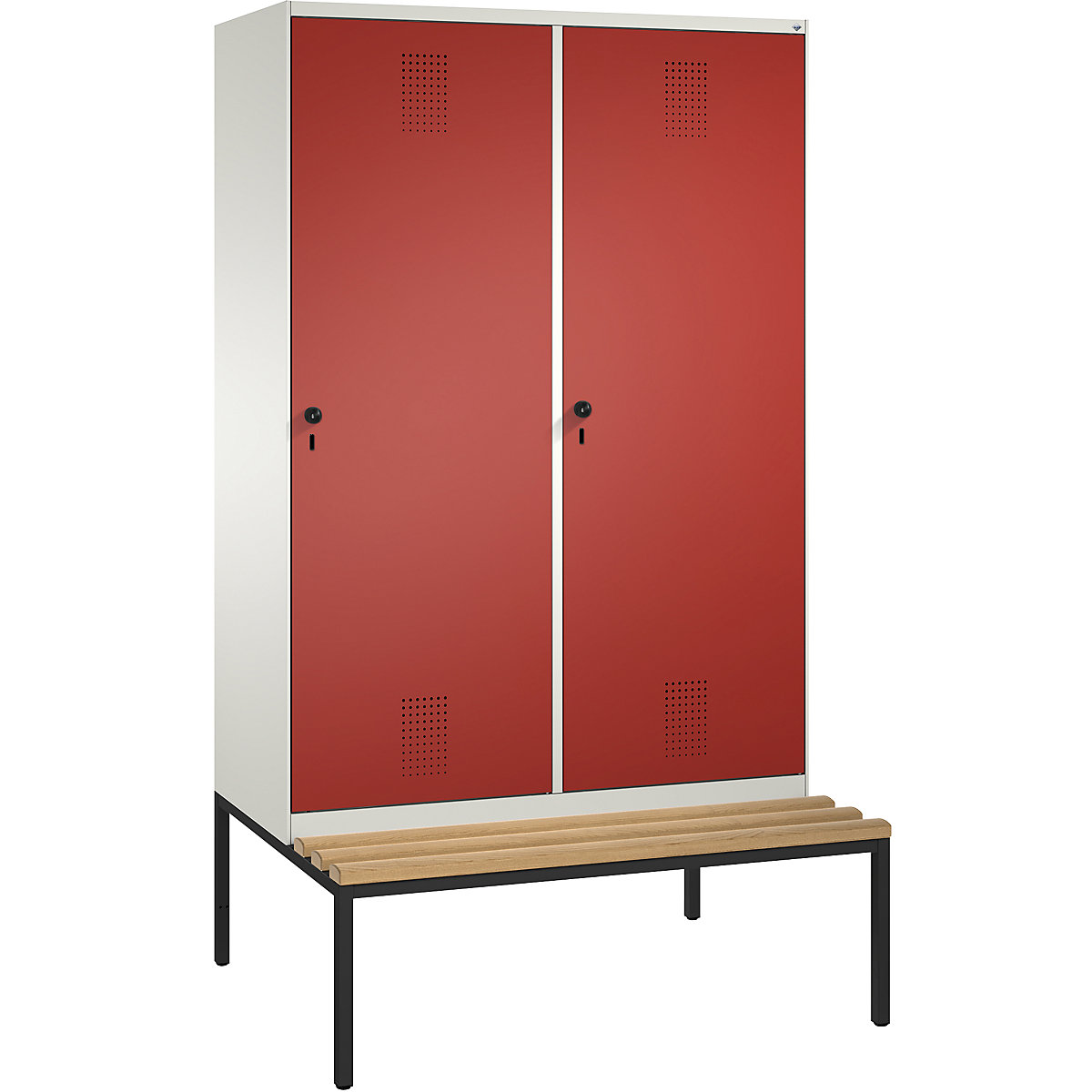 EVOLO cloakroom locker, with bench, door for 2 compartments – C+P, 4 compartments, 2 doors, compartment width 300 mm, pure white / flame red-6