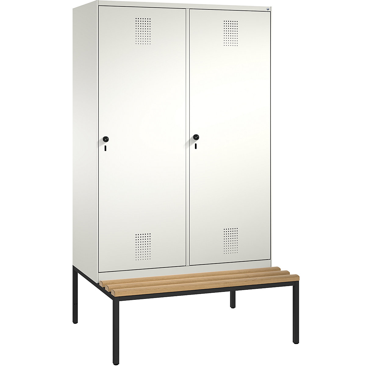 EVOLO cloakroom locker, with bench, door for 2 compartments – C+P, 4 compartments, 2 doors, compartment width 300 mm, pure white / pure white-10