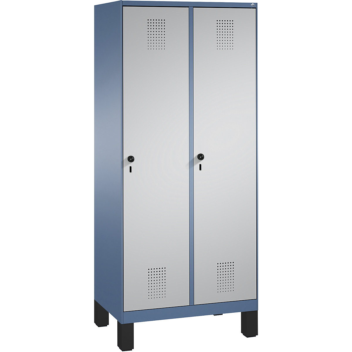 EVOLO cloakroom locker, with feet – C+P, 2 compartments, compartment width 400 mm, distant blue / white aluminium-9
