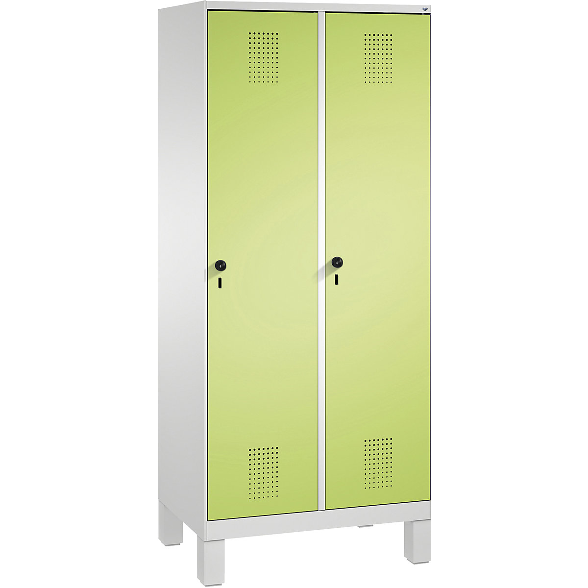 EVOLO cloakroom locker, with feet – C+P, 2 compartments, compartment width 400 mm, light grey / viridian green-3