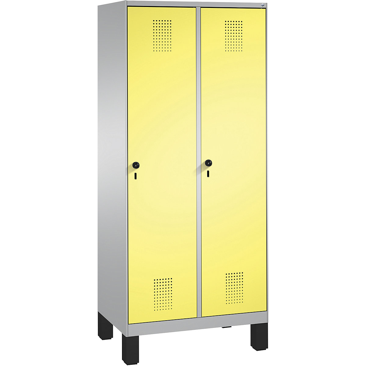 EVOLO cloakroom locker, with feet – C+P, 2 compartments, compartment width 400 mm, white aluminium / sulphur yellow-8