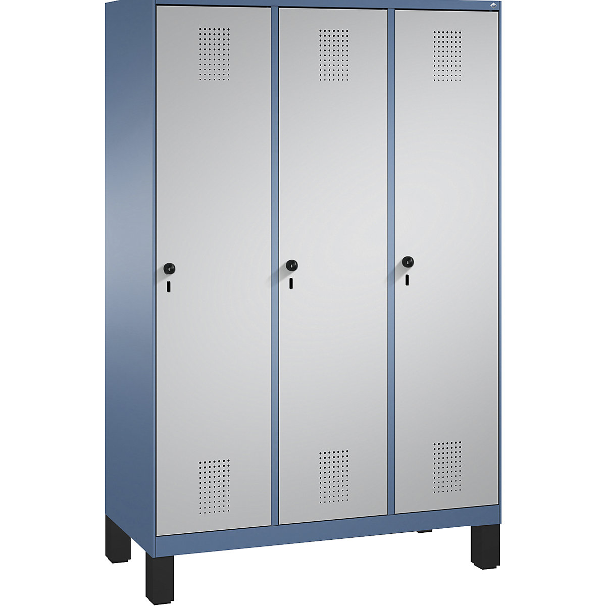 EVOLO cloakroom locker, with feet – C+P, 3 compartments, compartment width 400 mm, distant blue / white aluminium-15