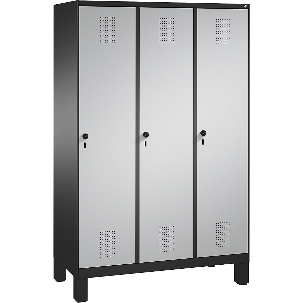 EVOLO cloakroom locker, with feet – C+P, 3 compartments, compartment width 400 mm, black grey / white aluminium-12