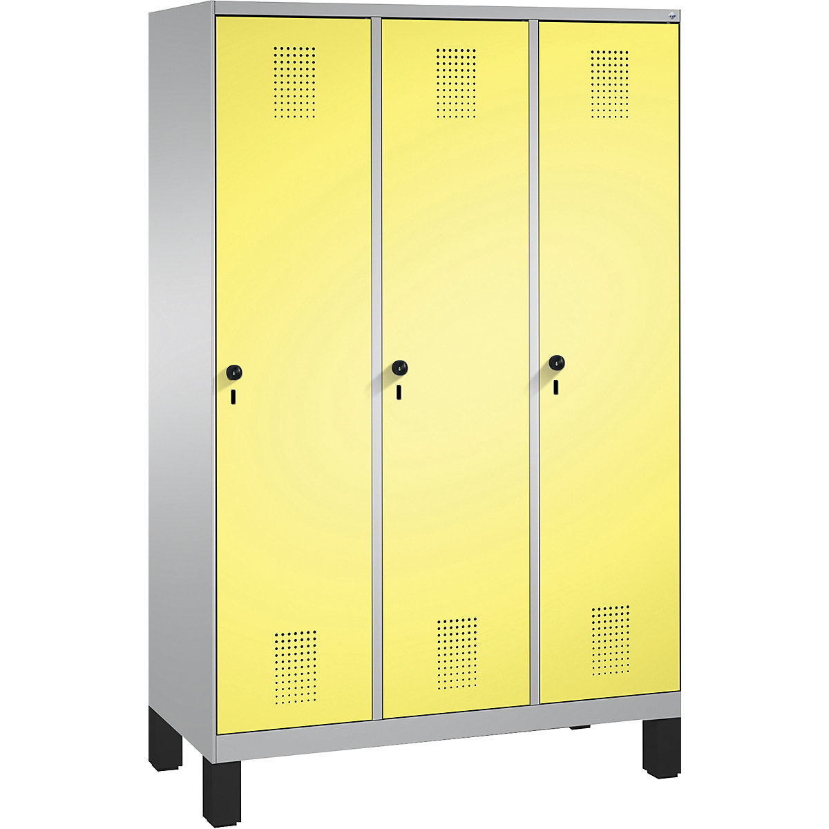 EVOLO cloakroom locker, with feet – C+P, 3 compartments, compartment width 400 mm, white aluminium / sulphur yellow-3
