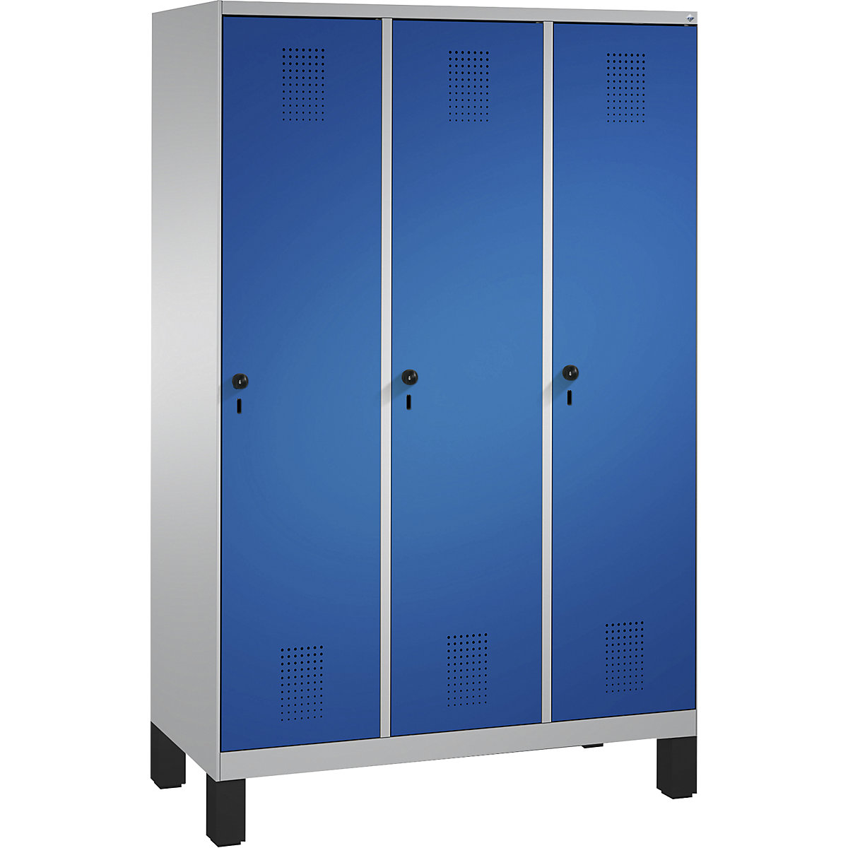 EVOLO cloakroom locker, with feet – C+P, 3 compartments, compartment width 400 mm, white aluminium / gentian blue-2