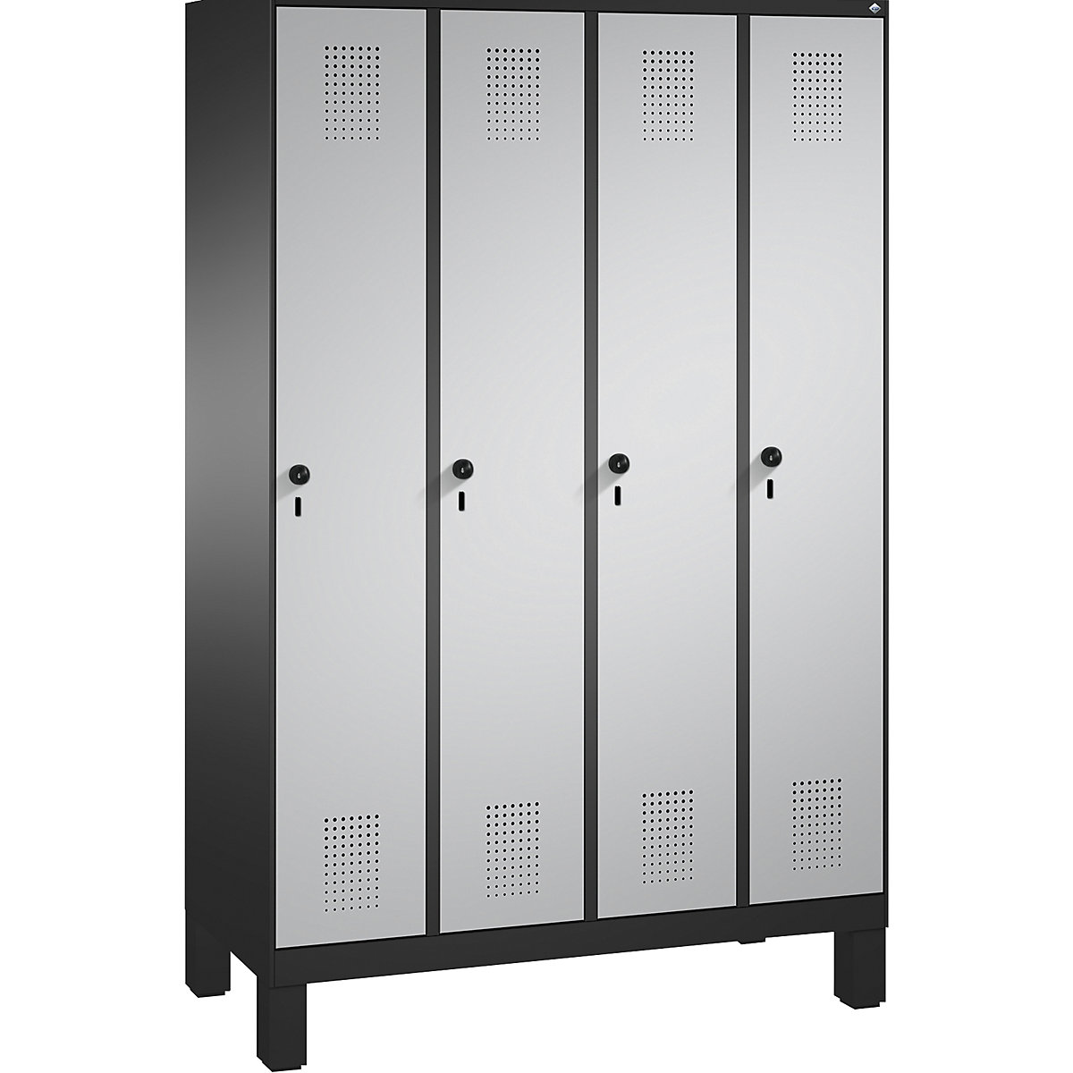 EVOLO cloakroom locker, with feet – C+P, 4 compartments, compartment width 300 mm, black grey / white aluminium-11