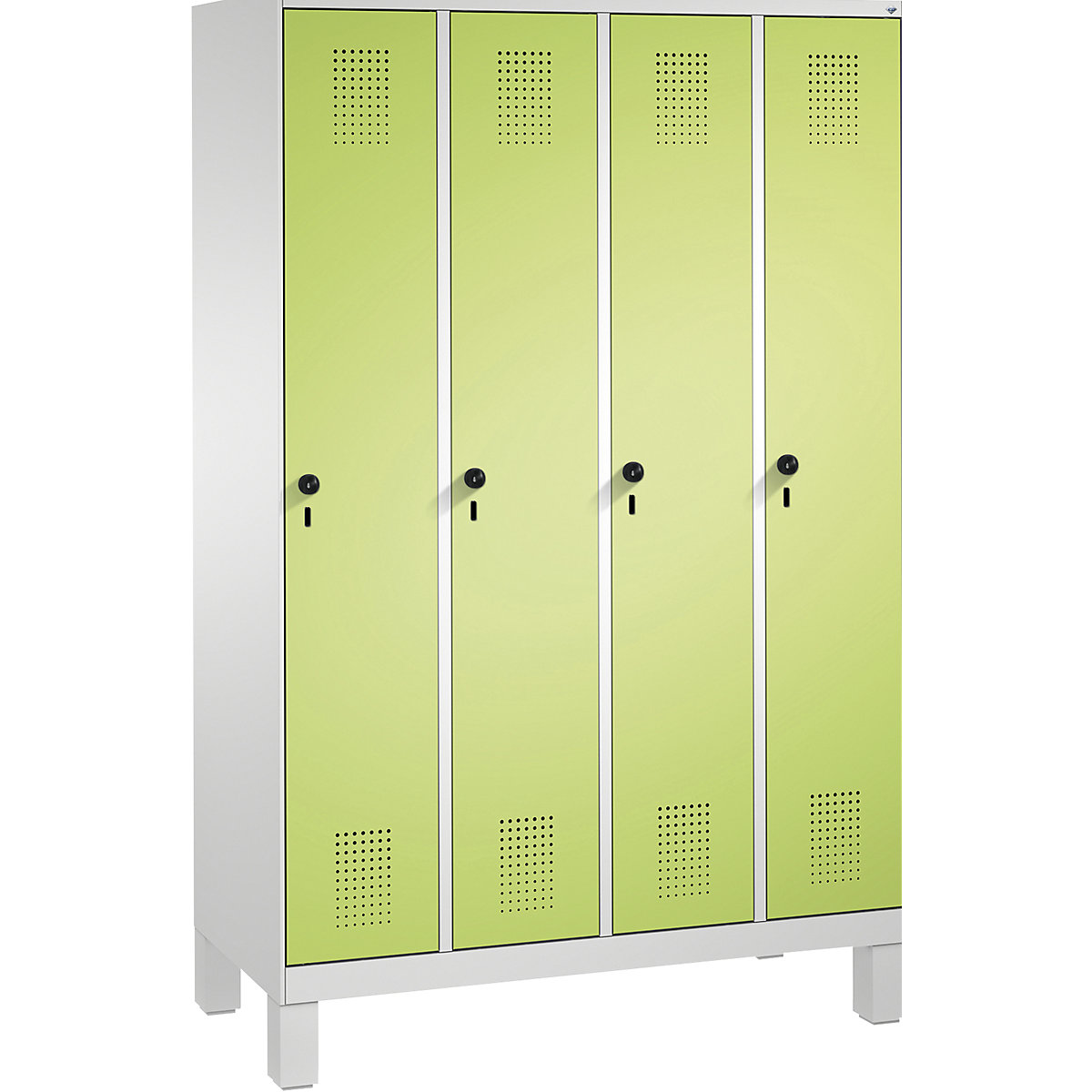 EVOLO cloakroom locker, with feet – C+P, 4 compartments, compartment width 300 mm, light grey / viridian green-6
