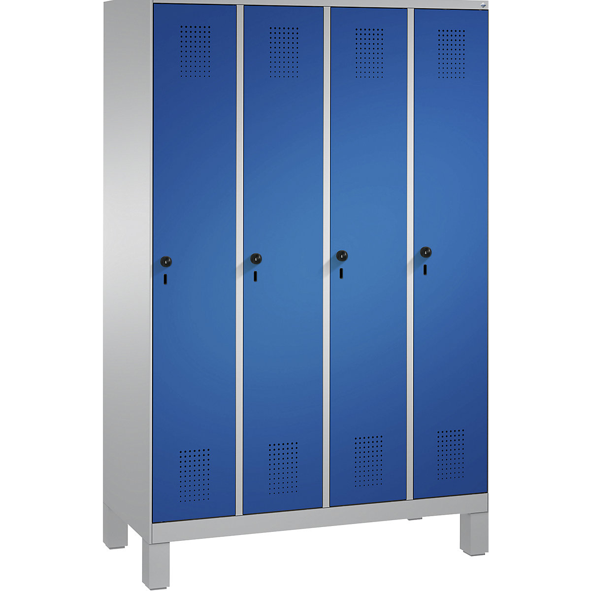 EVOLO cloakroom locker, with feet – C+P, 4 compartments, compartment width 300 mm, white aluminium / gentian blue-7