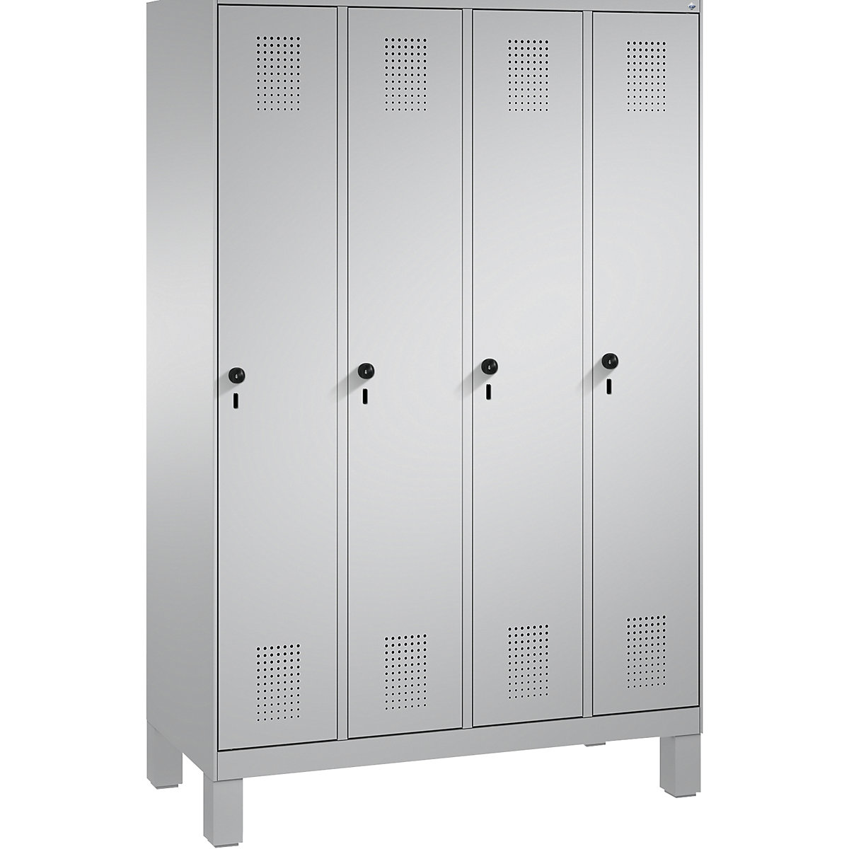 EVOLO cloakroom locker, with feet – C+P, 4 compartments, compartment width 300 mm, white aluminium / white aluminium-4