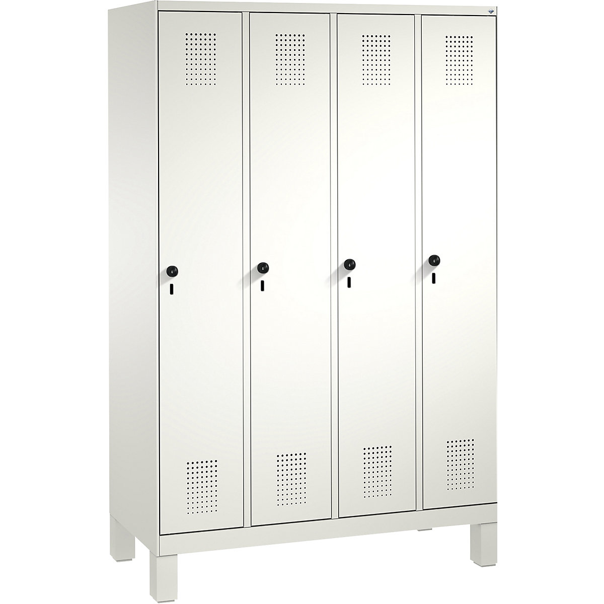 EVOLO cloakroom locker, with feet – C+P, 4 compartments, compartment width 300 mm, traffic white / traffic white-1
