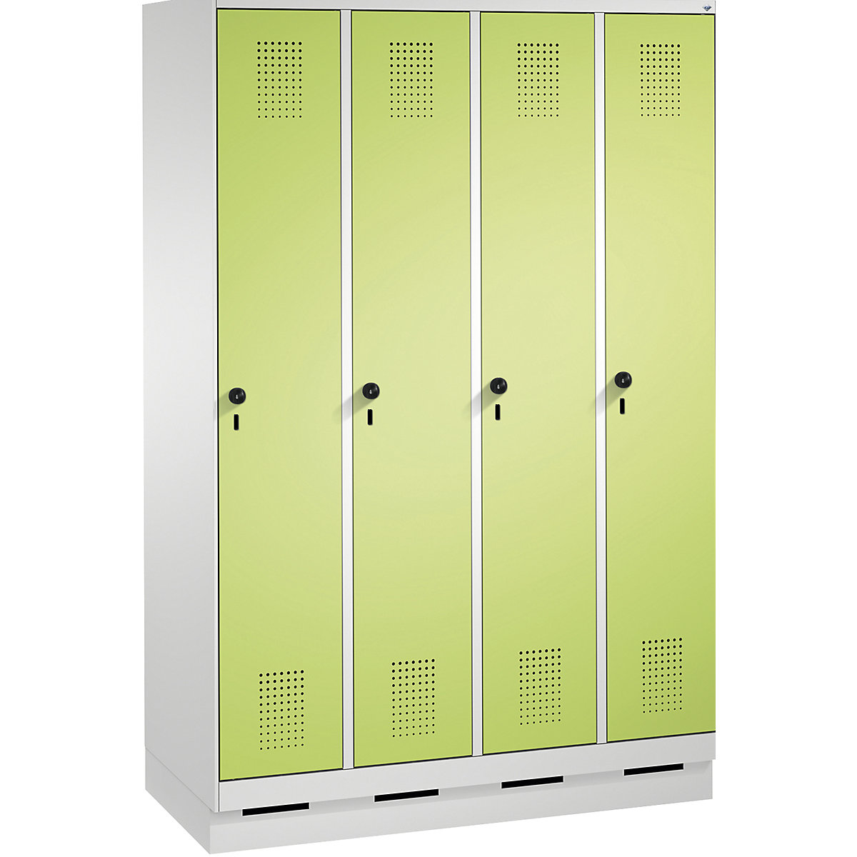 EVOLO cloakroom locker, with plinth – C+P, 4 compartments, compartment width 300 mm, light grey / viridian green-11