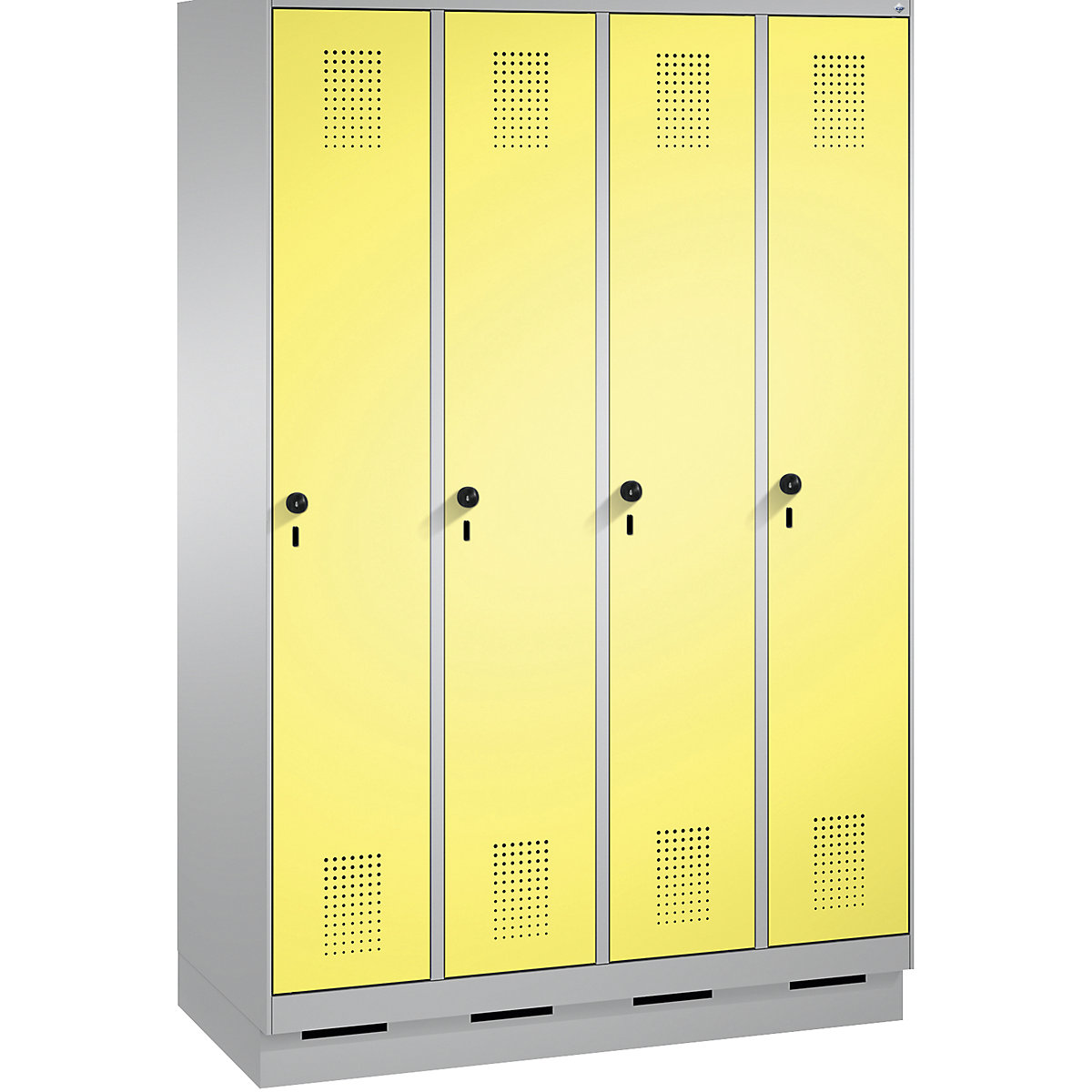 EVOLO cloakroom locker, with plinth – C+P, 4 compartments, compartment width 300 mm, white aluminium / sulphur yellow-6