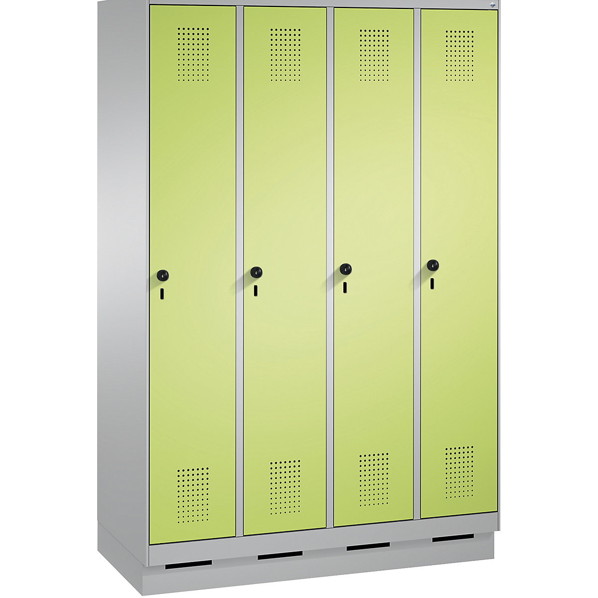 EVOLO cloakroom locker, with plinth – C+P, 4 compartments, compartment width 300 mm, white aluminium / viridian green-2