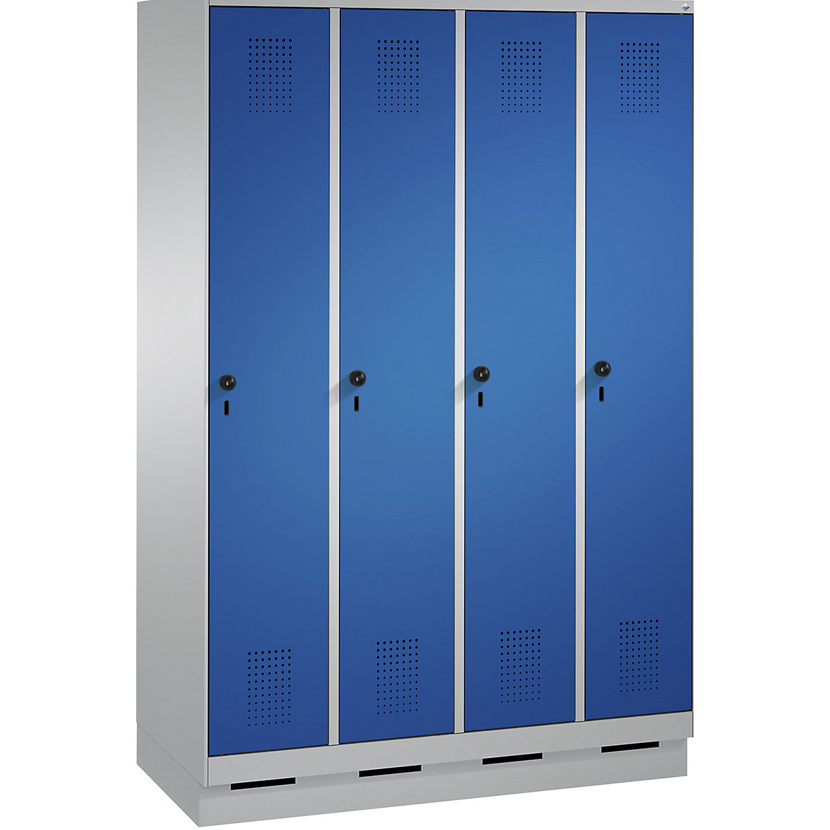 EVOLO cloakroom locker, with plinth – C+P, 4 compartments, compartment width 300 mm, white aluminium / gentian blue-14