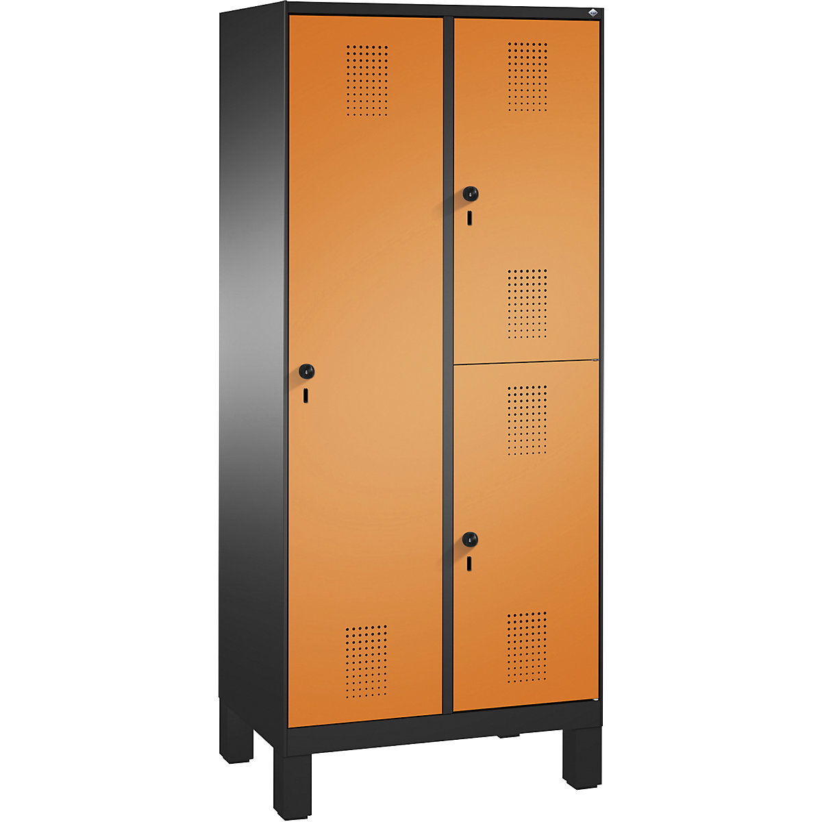EVOLO combination cupboard, single and double tier – C+P, 2 compartments, 3 doors, compartment width 400 mm, with feet, black grey / yellow orange