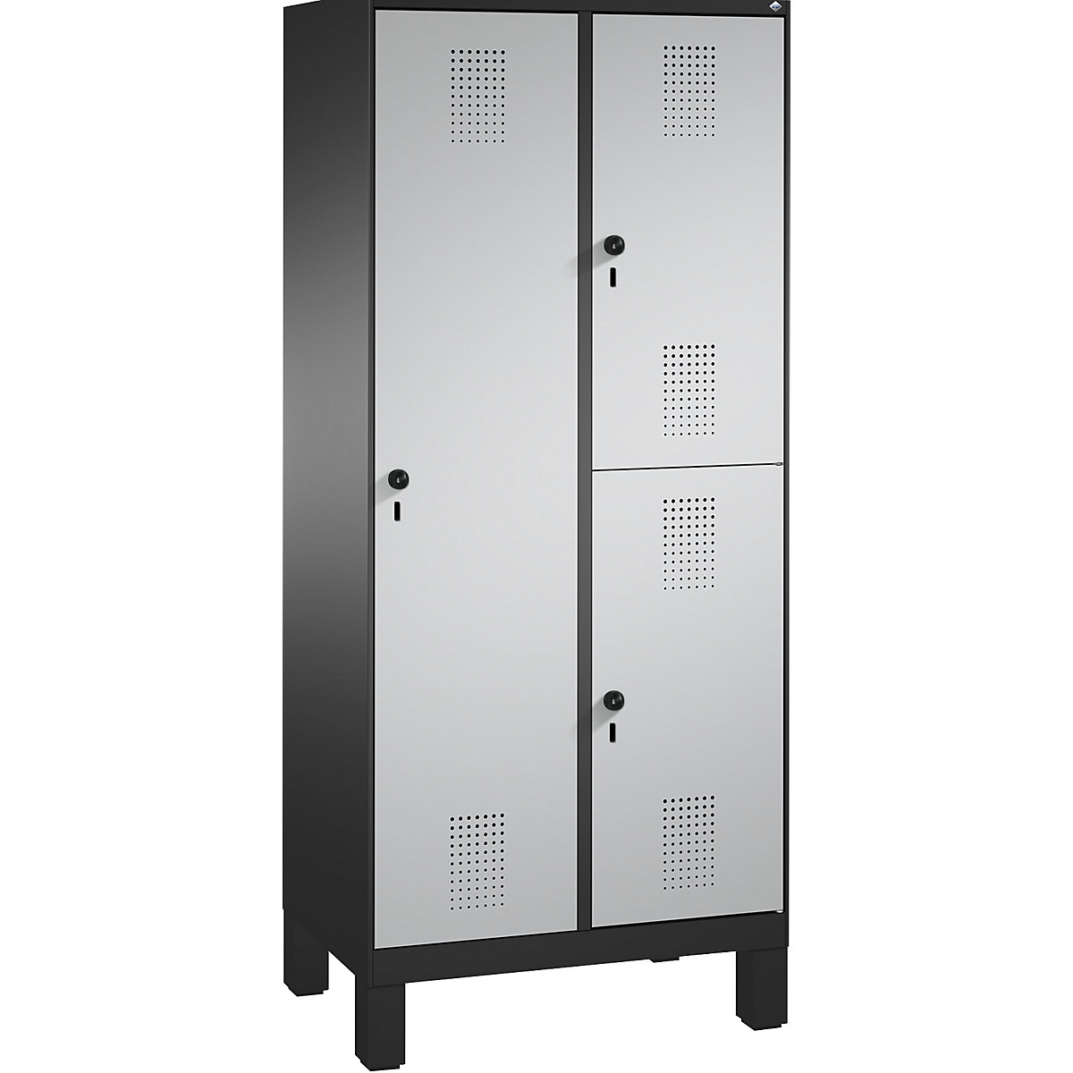EVOLO combination cupboard, single and double tier – C+P, 2 compartments, 3 doors, compartment width 400 mm, with feet, black grey / white aluminium