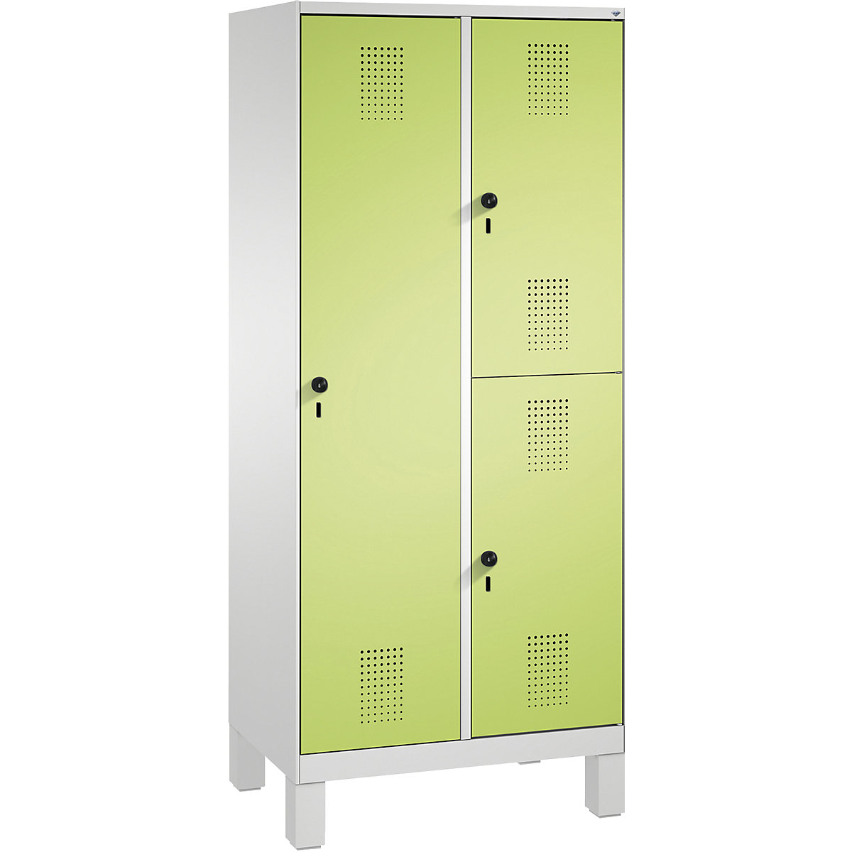EVOLO combination cupboard, single and double tier – C+P, 2 compartments, 3 doors, compartment width 400 mm, with feet, light grey / viridian green
