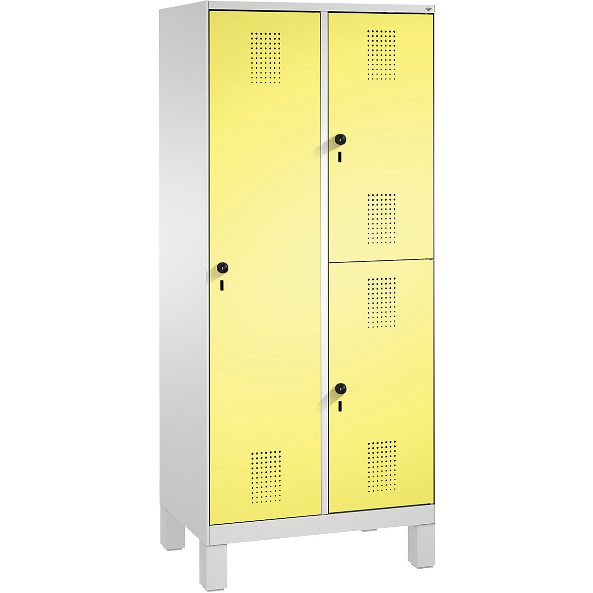 EVOLO combination cupboard, single and double tier – C+P, 2 compartments, 3 doors, compartment width 400 mm, with feet, light grey / sulphur yellow