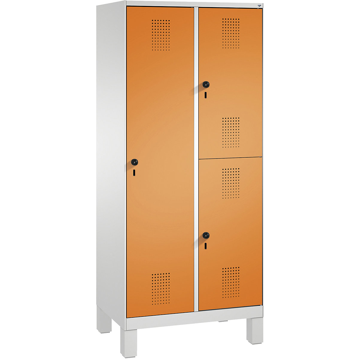 EVOLO combination cupboard, single and double tier – C+P, 2 compartments, 3 doors, compartment width 400 mm, with feet, light grey / yellow orange