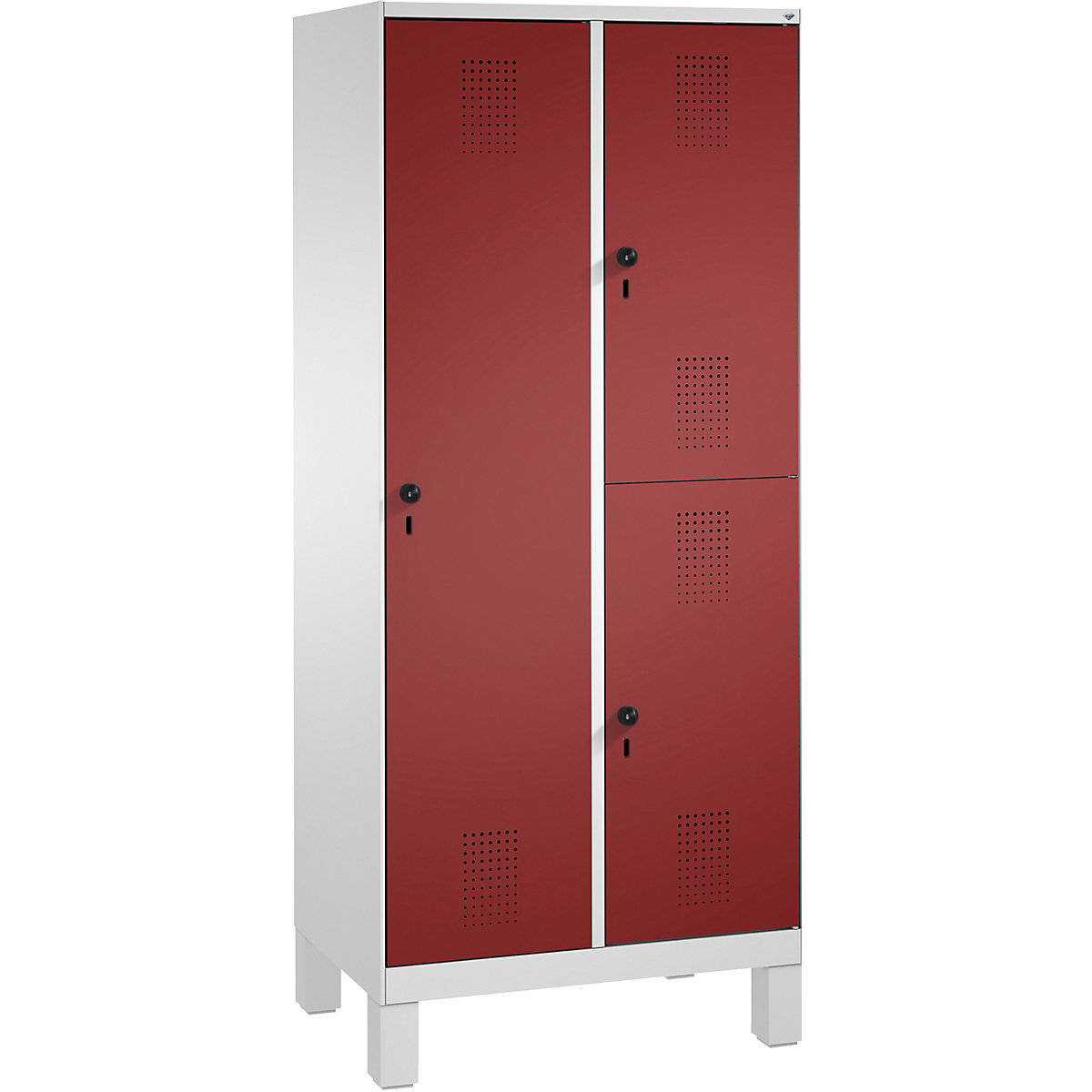EVOLO combination cupboard, single and double tier – C+P, 2 compartments, 3 doors, compartment width 400 mm, with feet, light grey / ruby red
